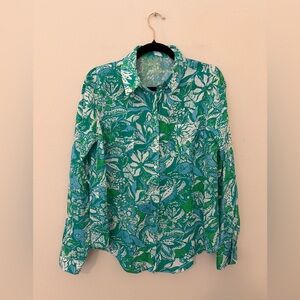 Lilly Pulitzer 100% Linen Sea View Button Down Blouse Sz S Botanical Green